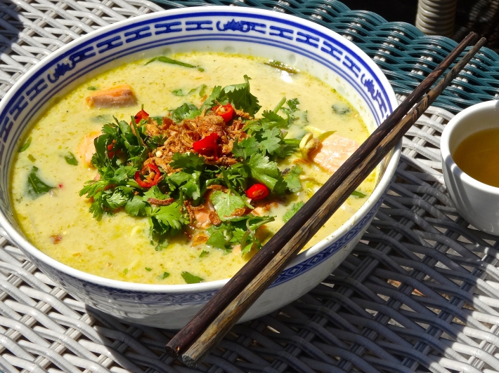 Sous Vide Salmon Cubes in Green Curry Noodle Soup