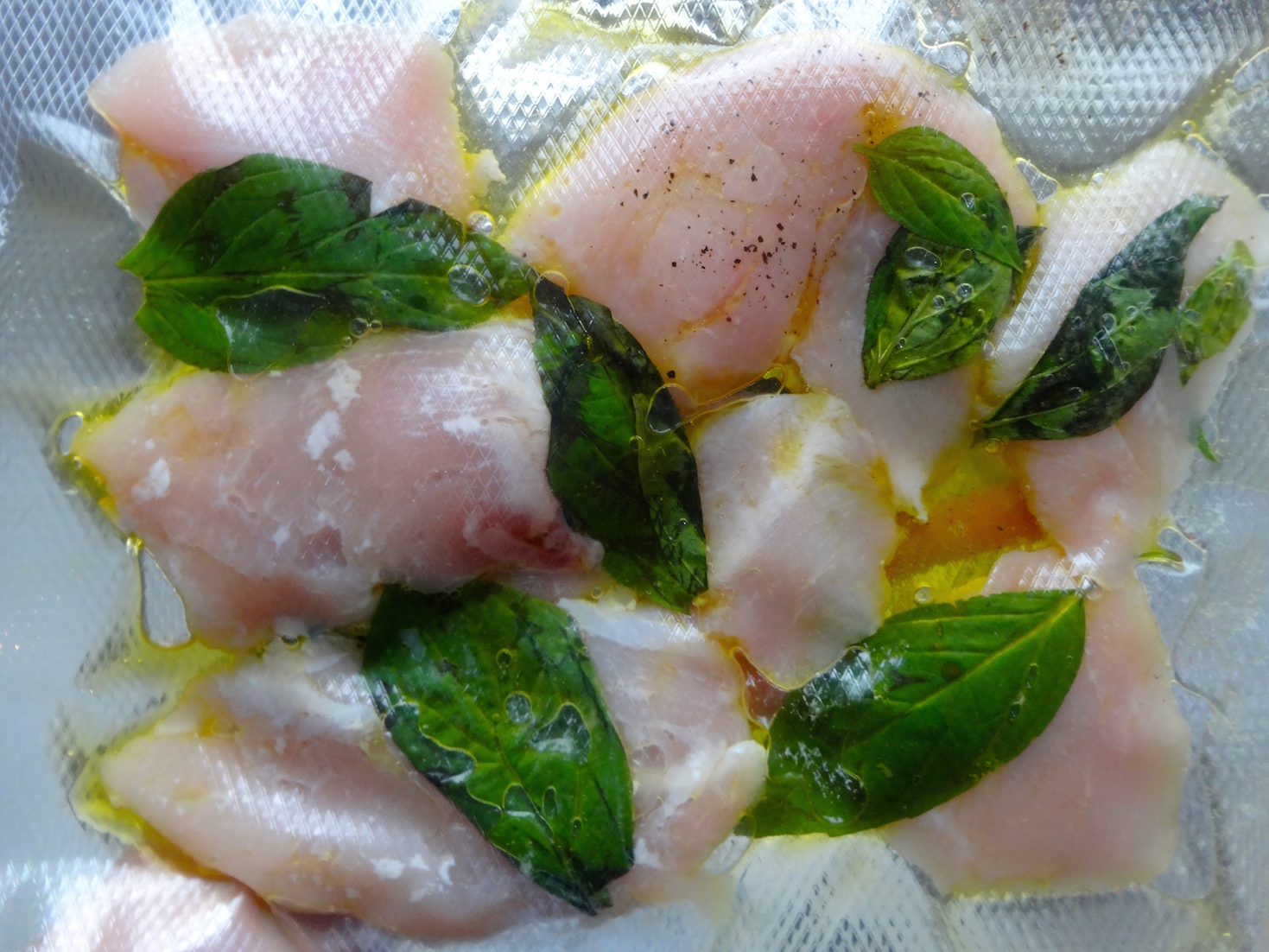 Sous Vide Basilinfused Chicken Slices with Fried Egg on Rice