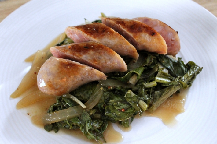 Sous Vide Beer-Braised Sausages and Kale