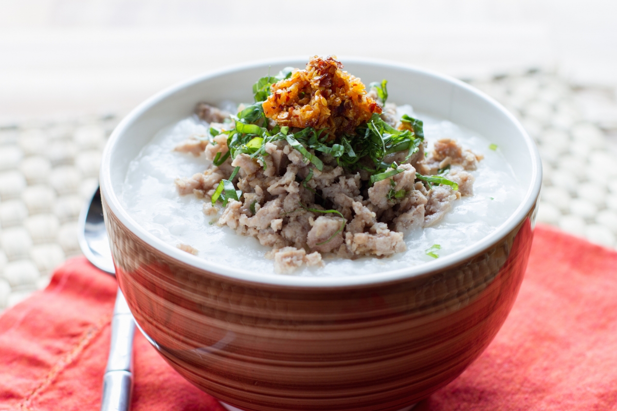 Vide Congee with Minced Pork, Ginger, and Basil