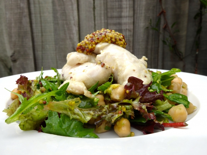 Sous Vide Honey Mustard Chicken with Avocado and Chickpea Salad