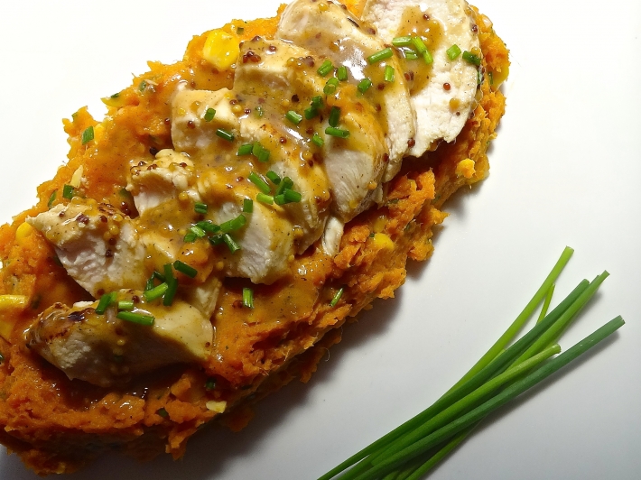 Sous Vide Honey Mustard Chicken Breast with Sweet Potato Mash
