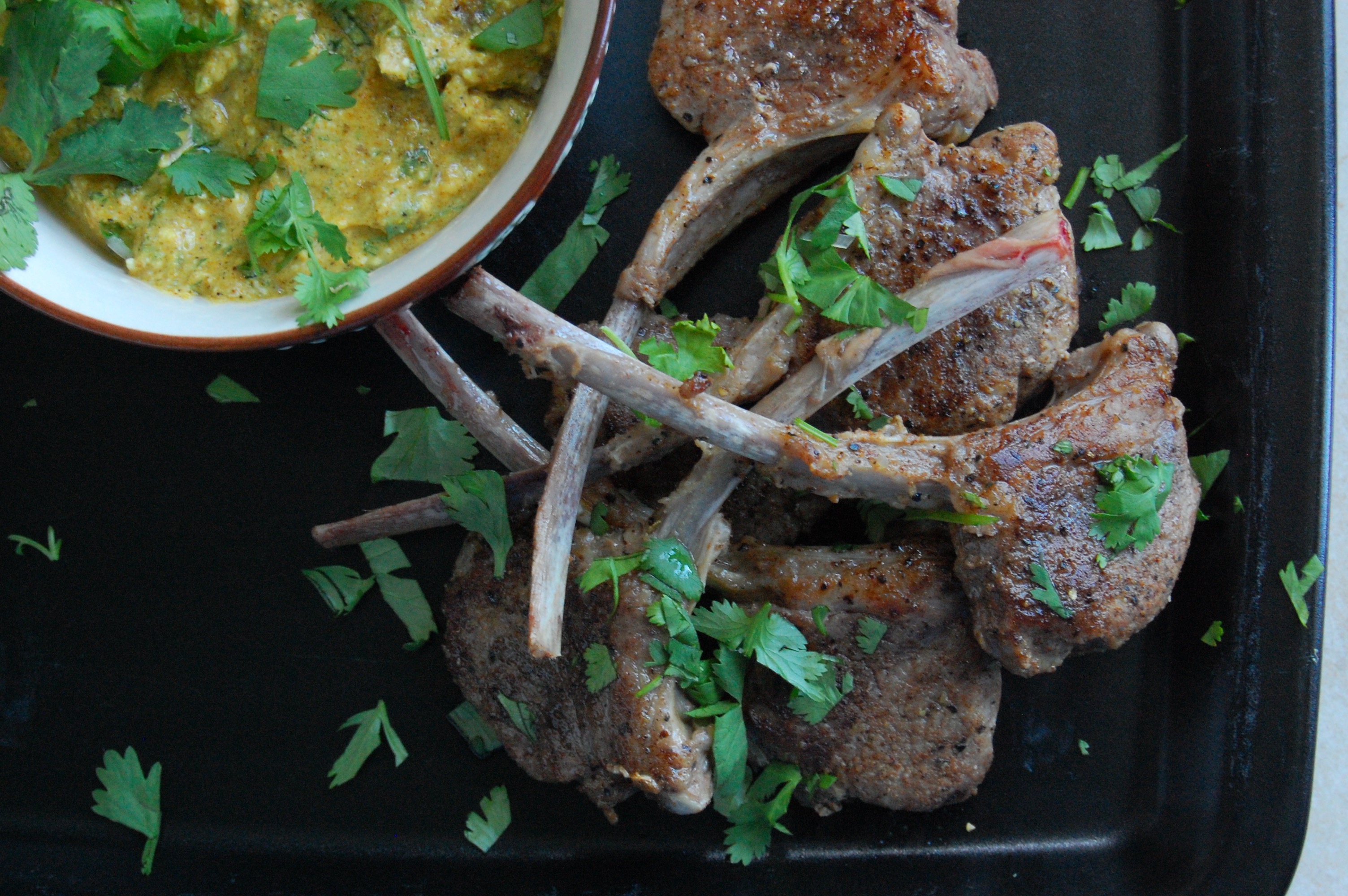 Sous Vide Lollipop Lamb Chops with Curried Yogurt Dipping Sauce