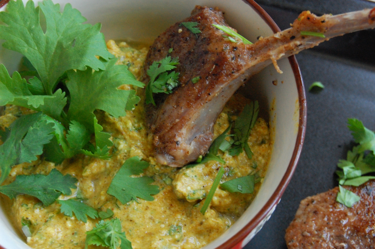 Sous Vide Lollipop Lamb Chops with Curried Yogurt Dipping Sauce