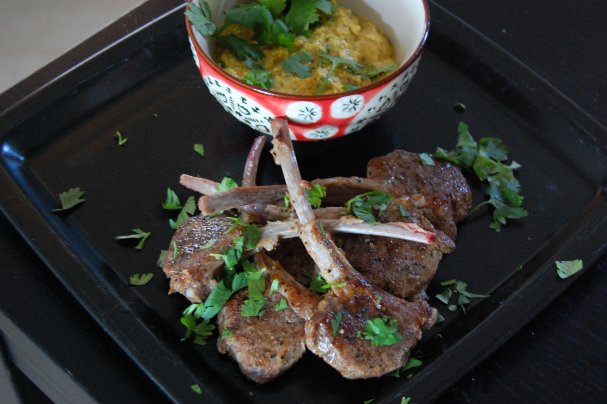 Sous Vide Lollipop Lamb Chops with Curried Yogurt Dipping Sauce