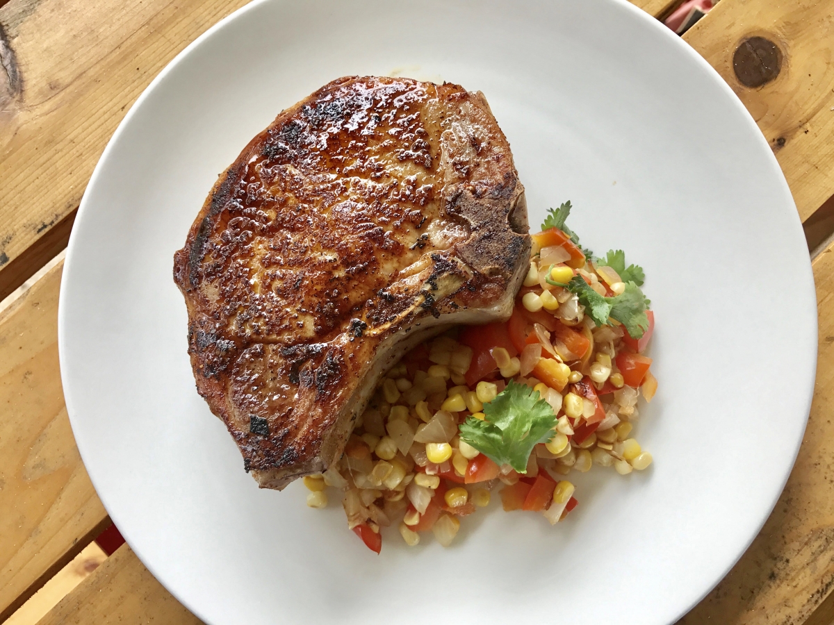 Sous Vide Pork Chop with Corn and Red Pepper Salad