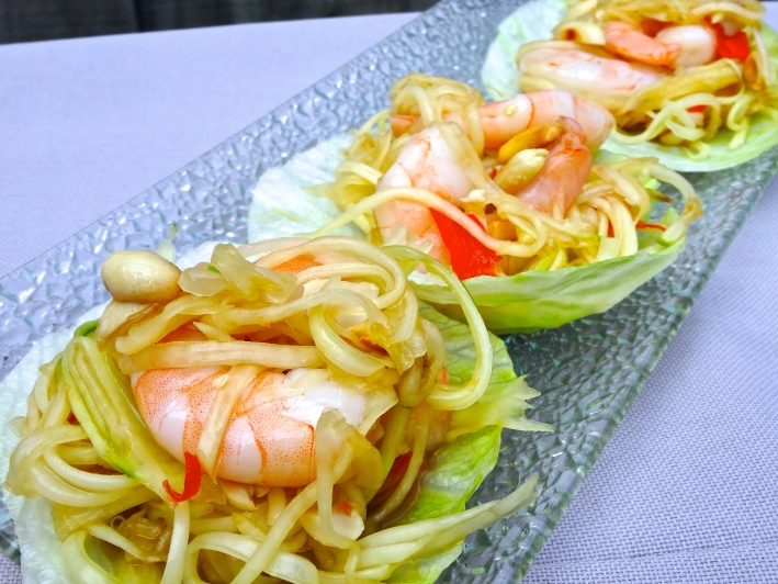 Sous Vide Prawn with Thai Green Mango in Lettuce Wraps