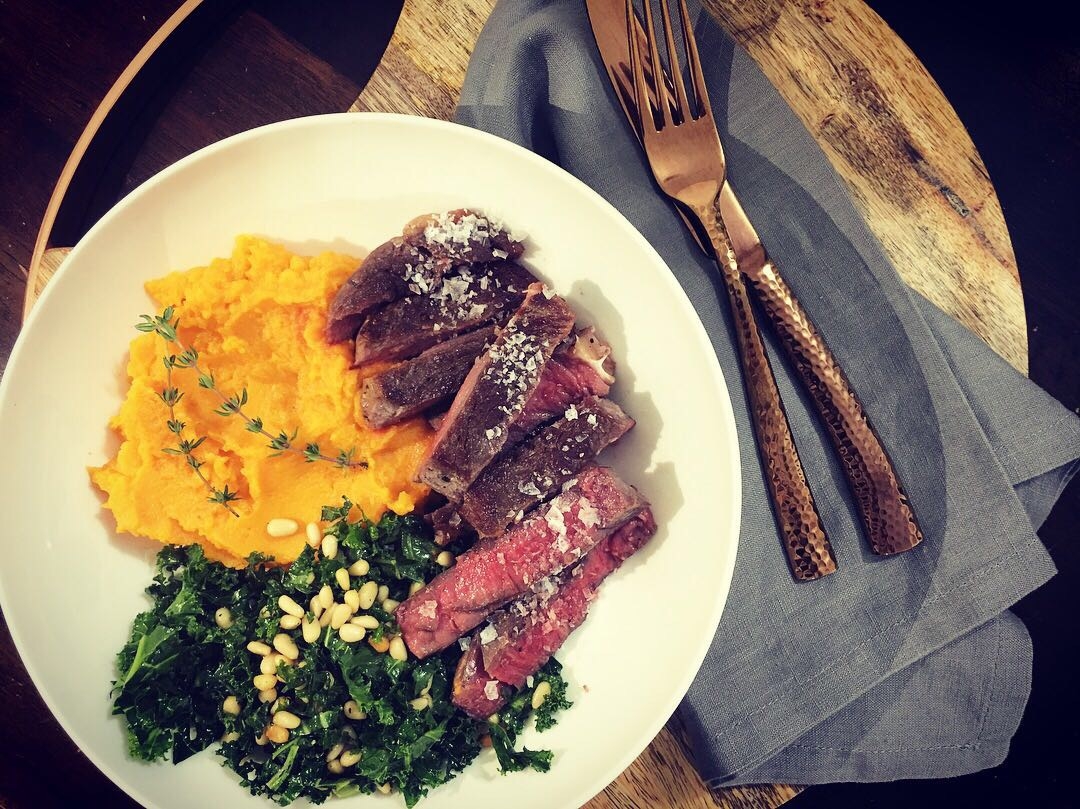 Sous Vide Ribeye with Yam Puree and Kale Salad