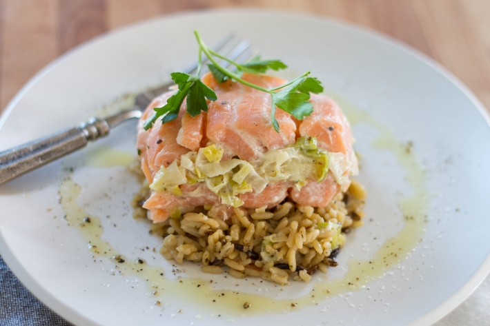 Sous Vide Salmon Stuffed with Creamed Leeks