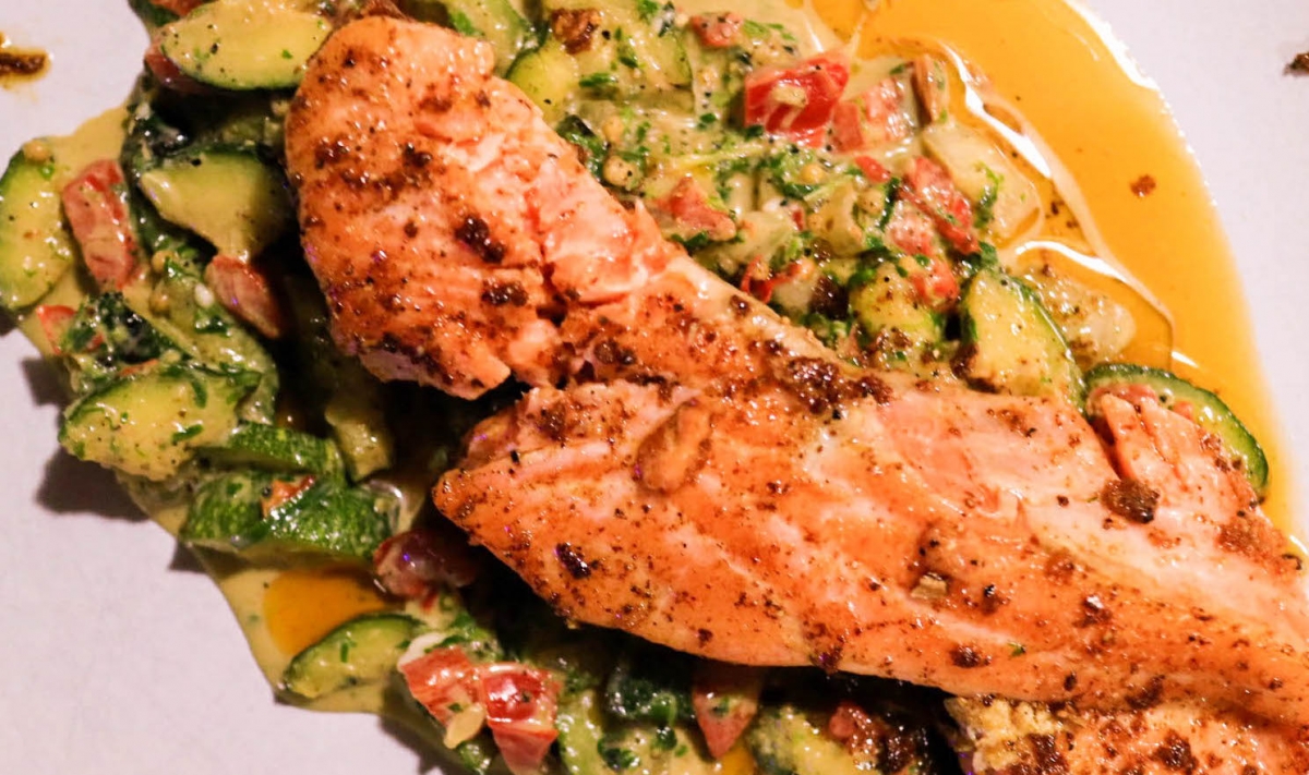 Sous Vide Salmon with Romaine Dressing and Grilled Veggie Salad