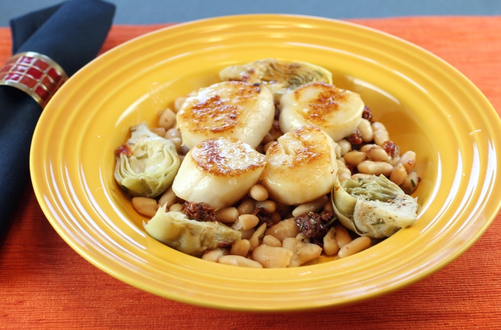 Sous Vide Sea Scallops with Cannellini Bean-Artichoke Ragout