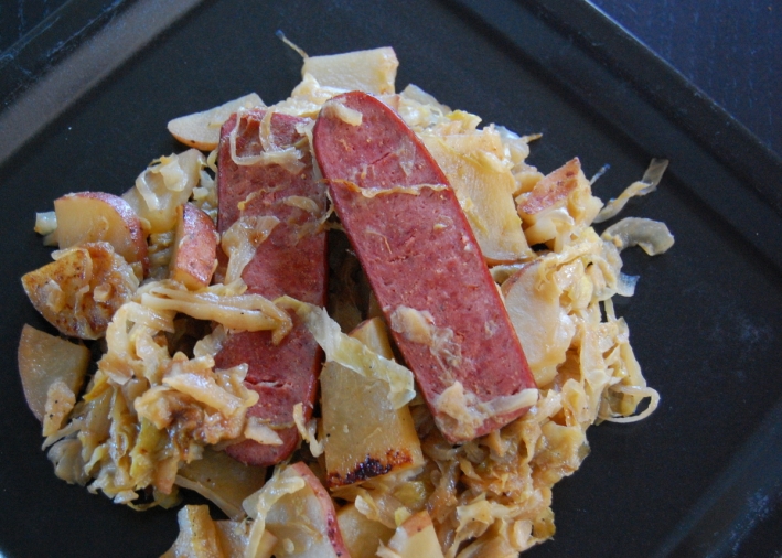 Sous Vide Smoked Sausage with Cabbage and Potatoes