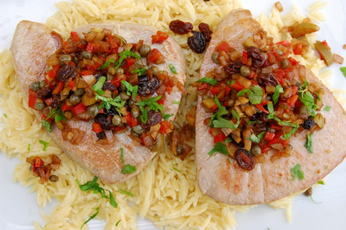 Sous Vide Tuna Steaks with Caper and Olive Topping