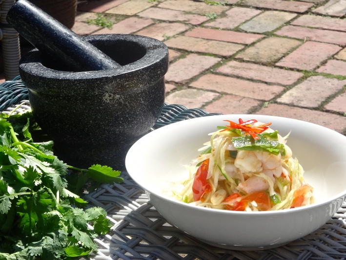 Thai Papaya Salad with Sous Vide Prawns